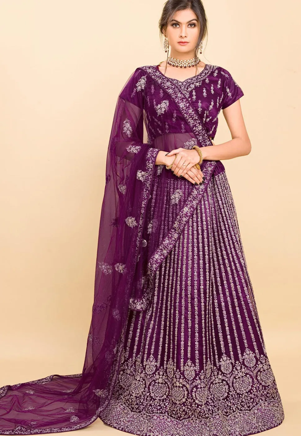 Embroidered Net Lehenga in Purple
