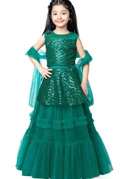 Embroidered Net Lehenga in Teal Green