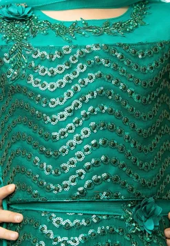 Embroidered Net Lehenga in Teal Green