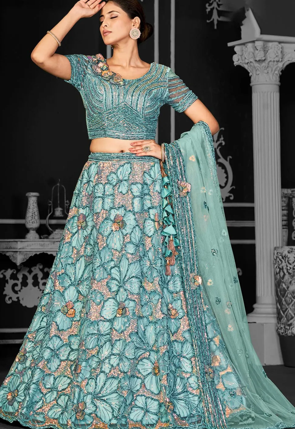 Embroidered Net Lehenga in Blue