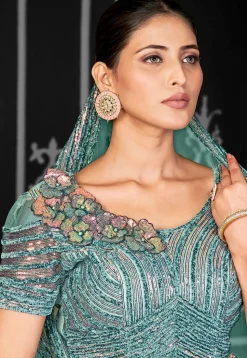 Embroidered Net Lehenga in Blue