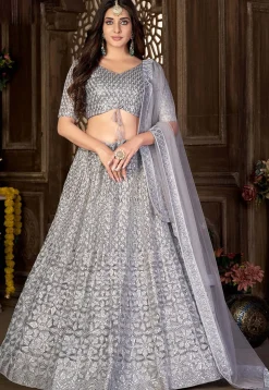 Embroidered Net Lehenga in Grey