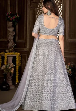 Embroidered Net Lehenga in Grey