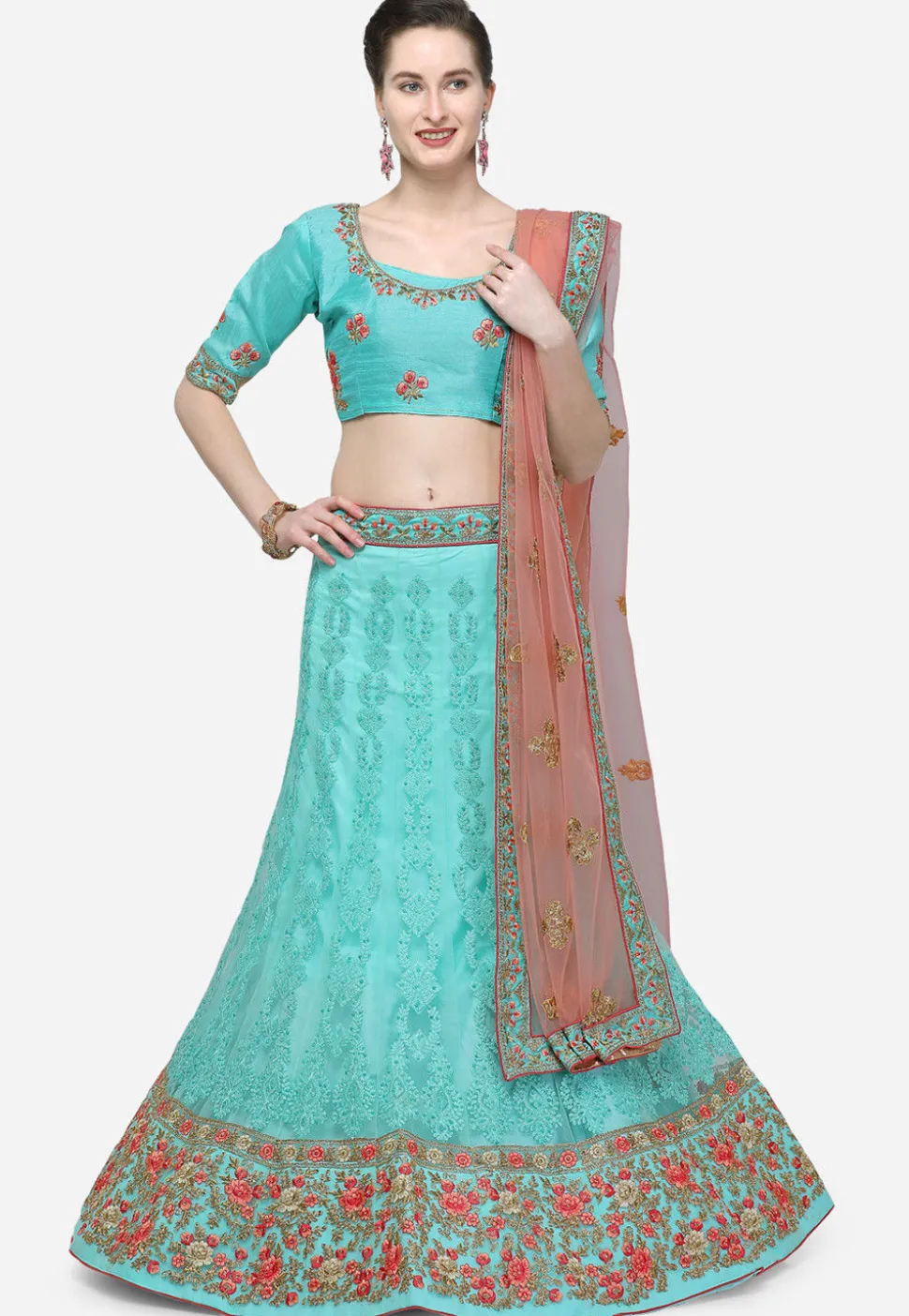 Embroidered Net Lehenga in Turquoise
