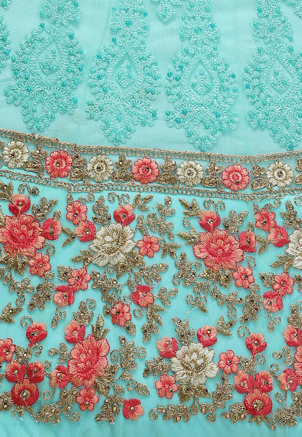 Embroidered Net Lehenga in Turquoise