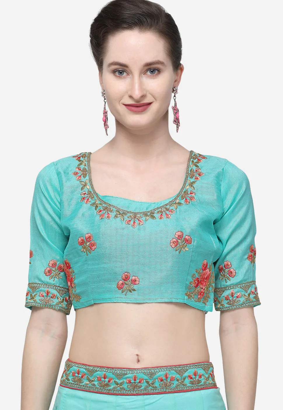 Embroidered Net Lehenga in Turquoise