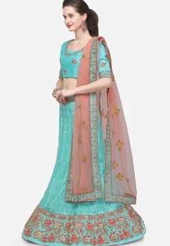 Embroidered Net Lehenga in Turquoise