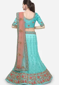 Embroidered Net Lehenga in Turquoise