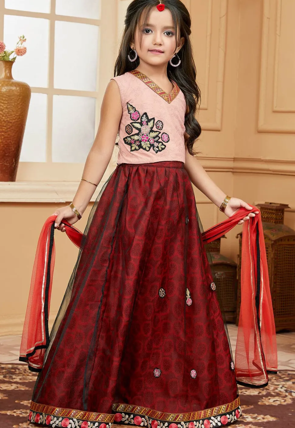 Embroidered Net Lehenga in Maroon and Black
