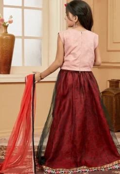 Embroidered Net Lehenga in Maroon and Black
