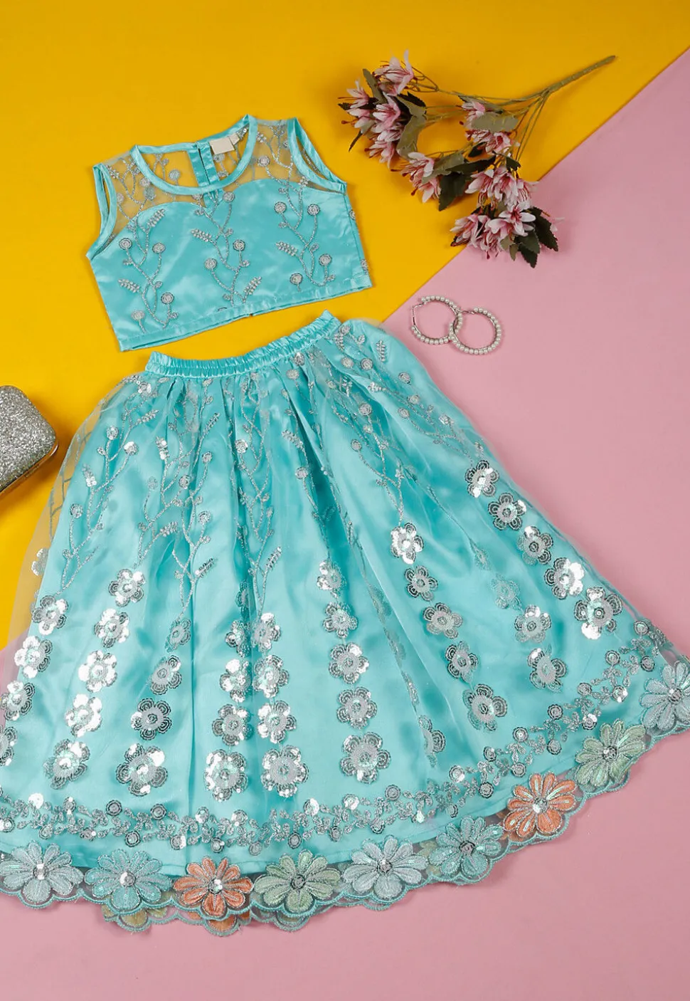 Embroidered Net Lehenga in Blue