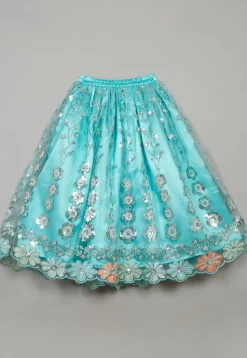 Embroidered Net Lehenga in Blue