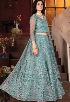 Embroidered Net Lehenga in Blue
