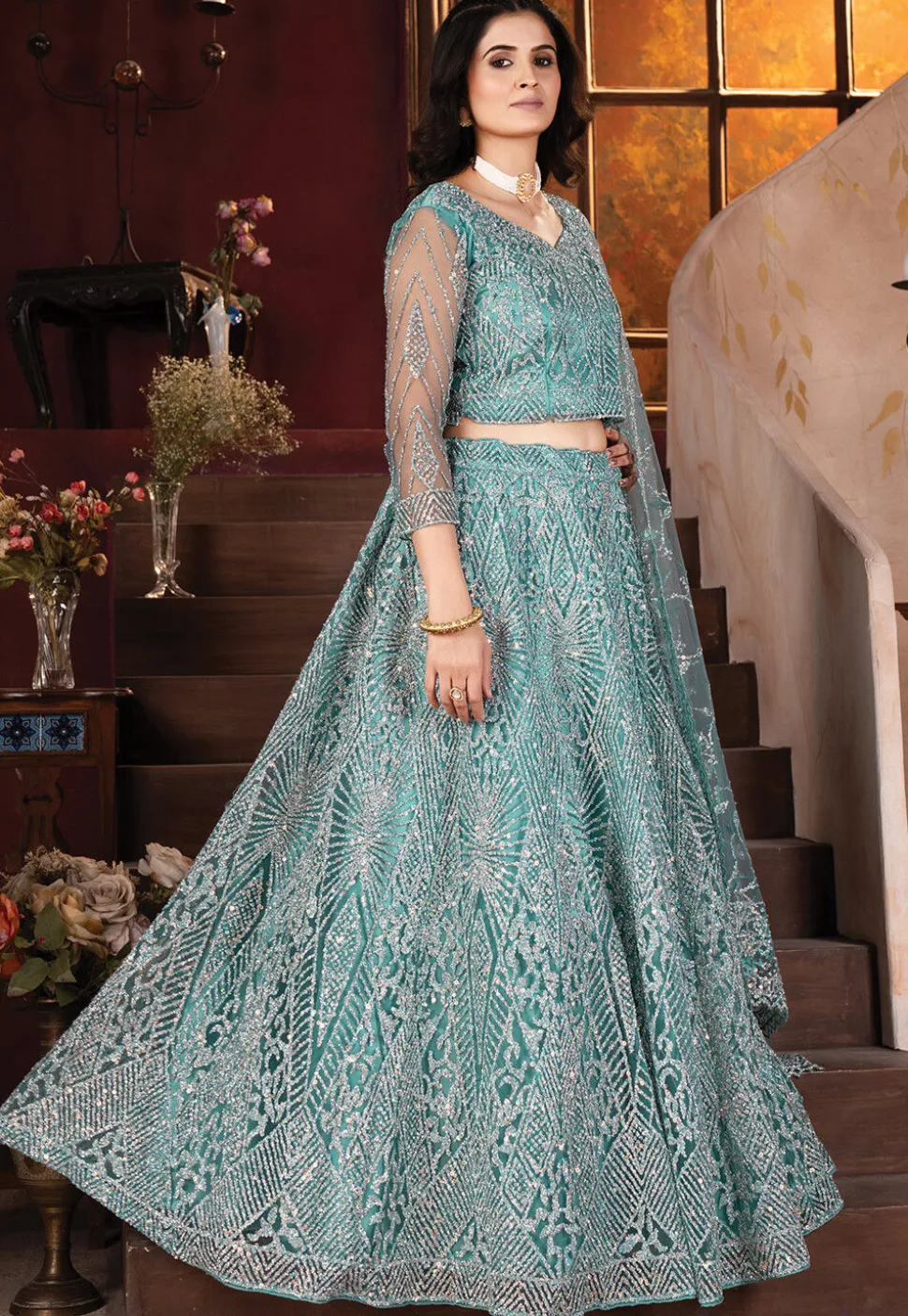 Embroidered Net Lehenga in Blue