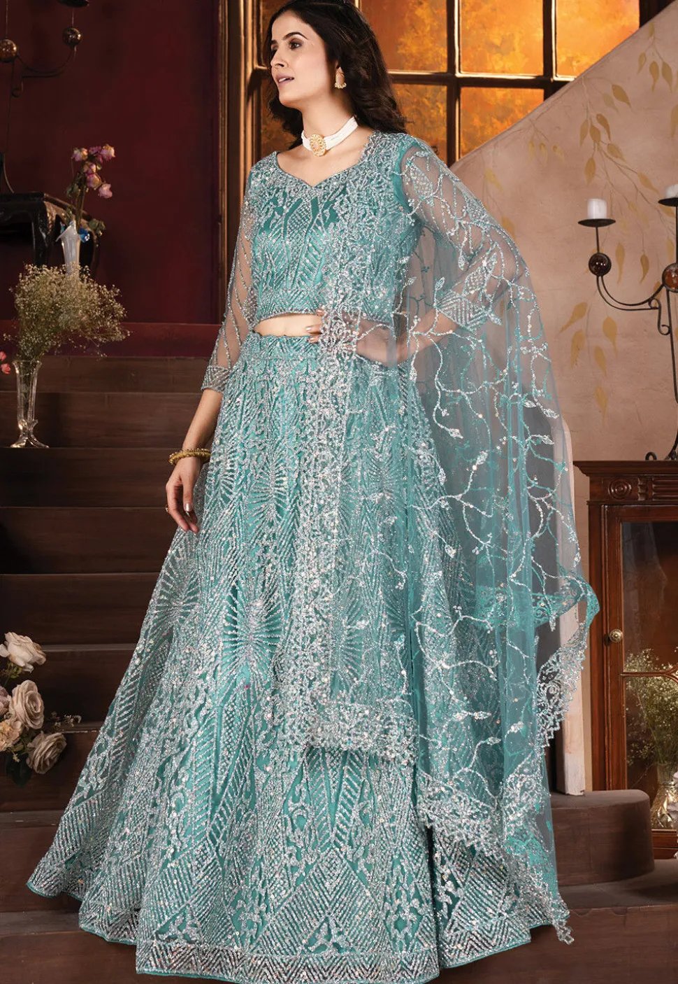 Embroidered Net Lehenga in Blue