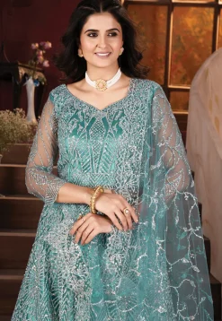 Embroidered Net Lehenga in Blue