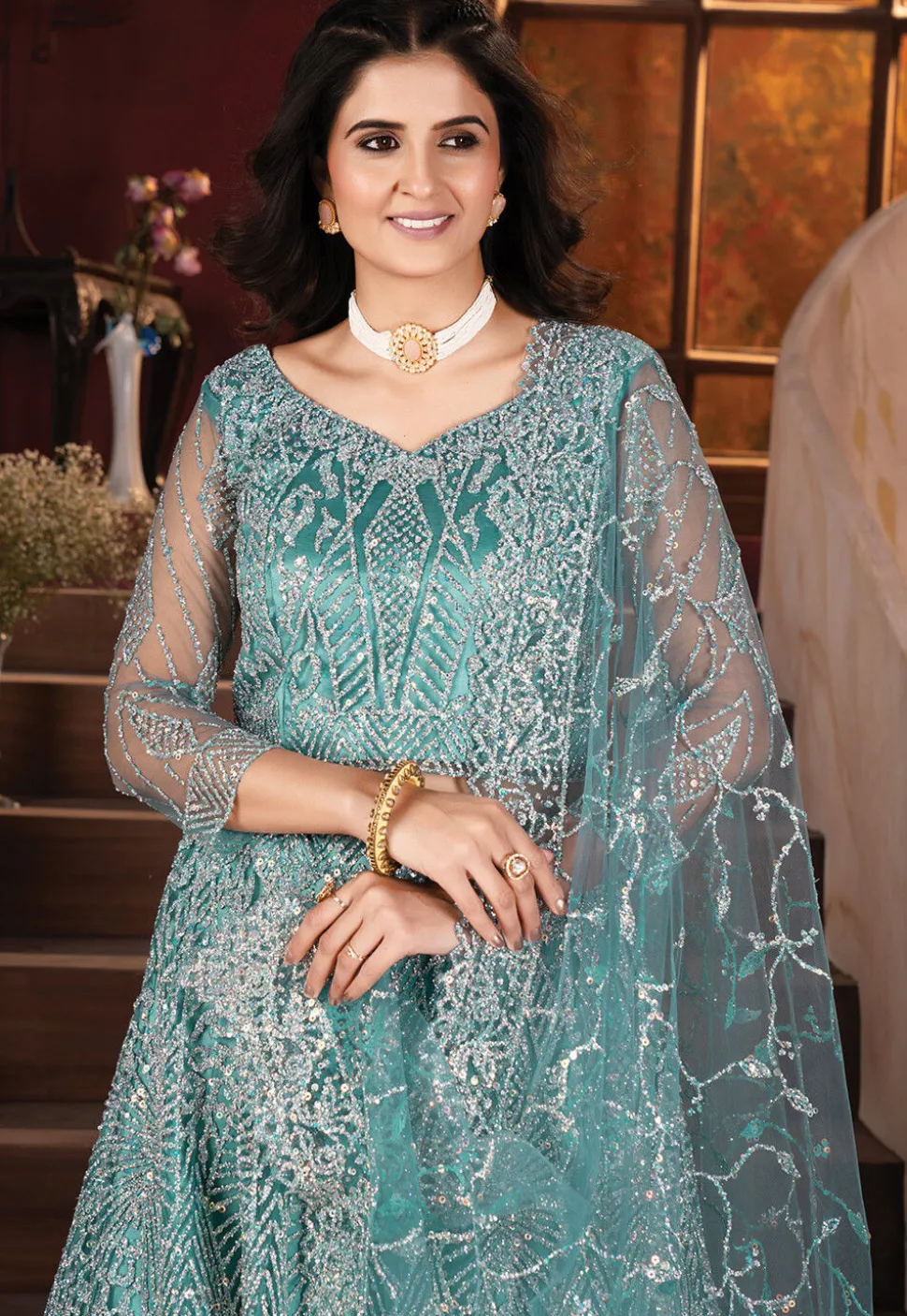 Embroidered Net Lehenga in Blue