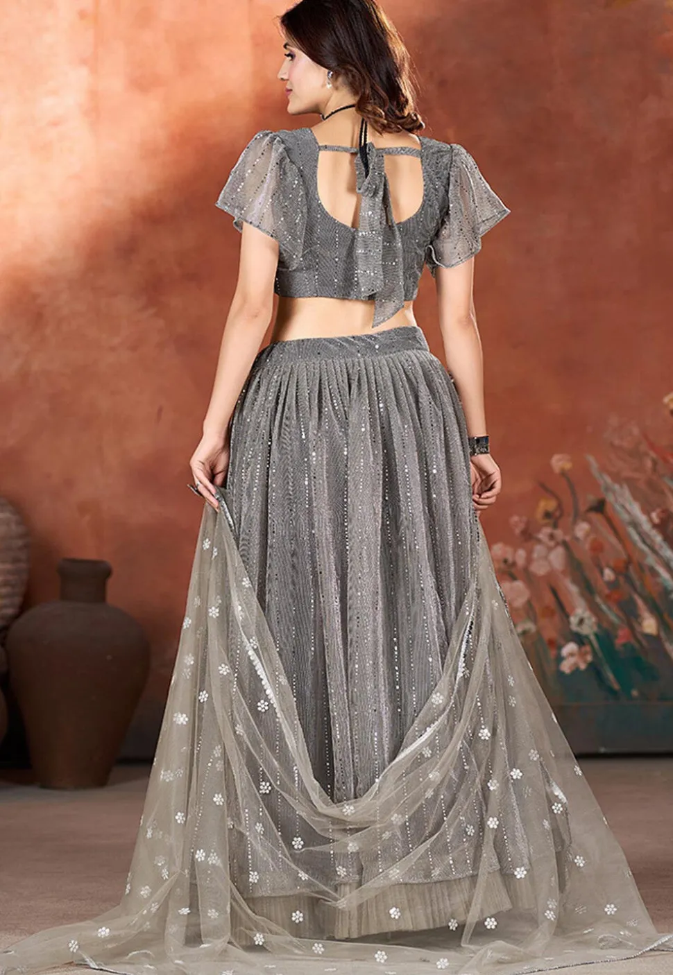 Embroidered Net Lehenga in Grey