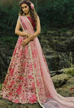 Embroidered Net Lehenga in Pink