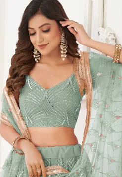 Embroidered Net Lehenga in Dusty Green