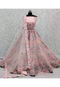 Embroidered Net Lehenga in Pink