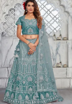 Embroidered Net Lehenga in Light Blue
