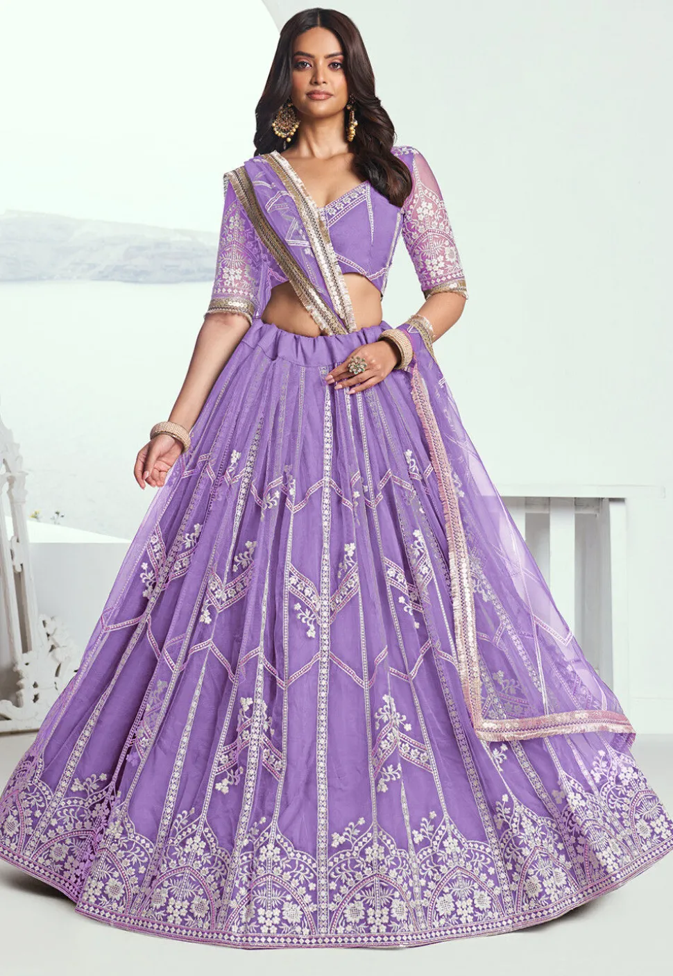Embroidered Net Lehenga in Purple