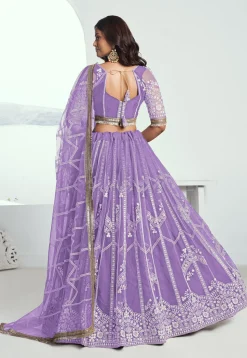 Embroidered Net Lehenga in Purple