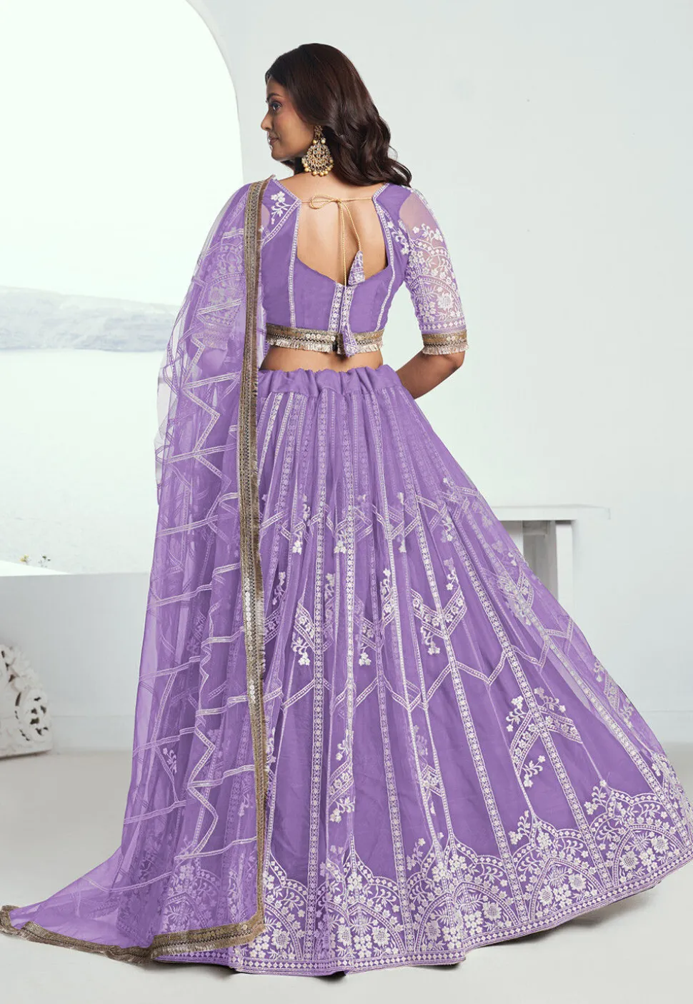 Embroidered Net Lehenga in Purple