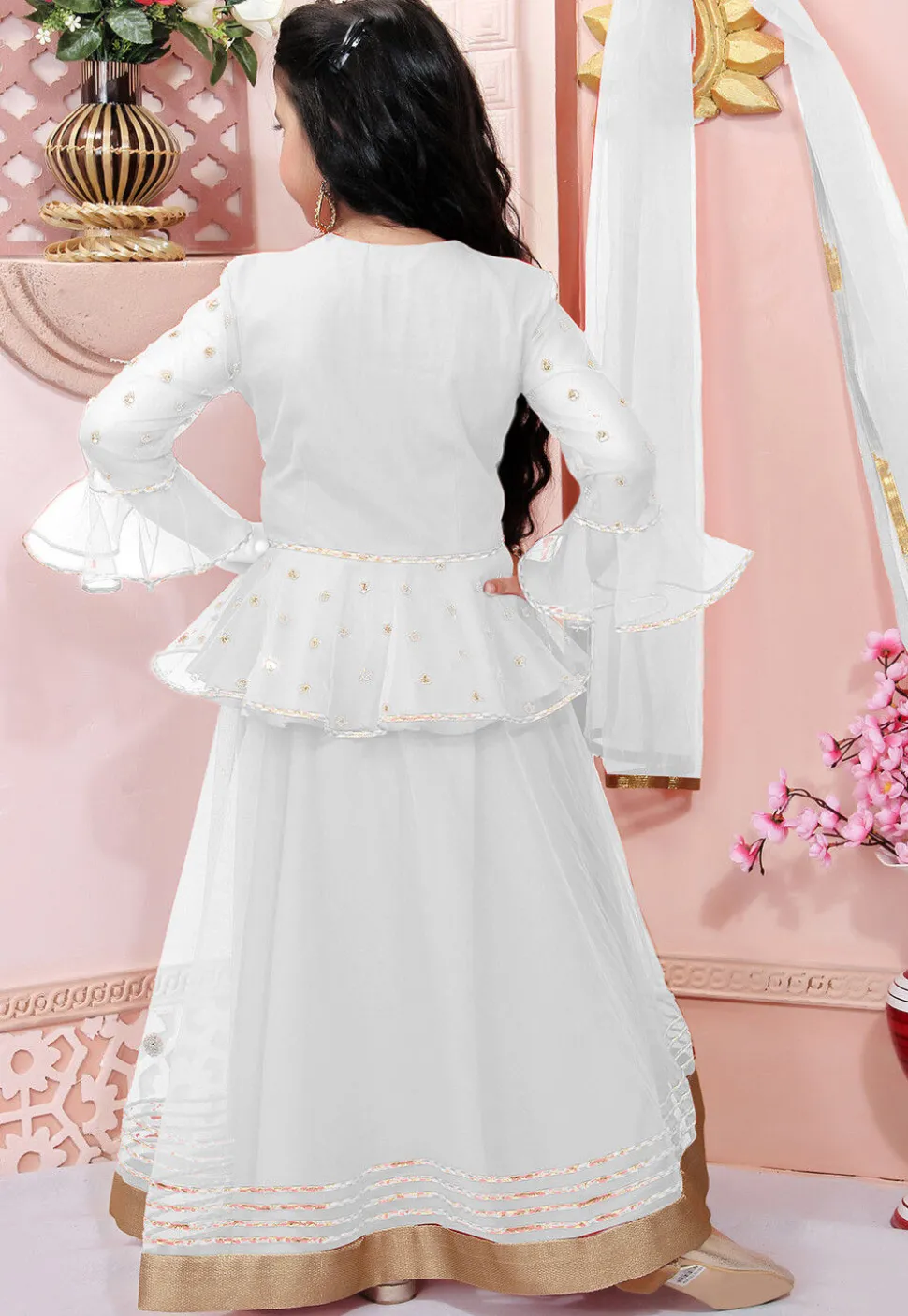 Embroidered Net Lehenga in Off White