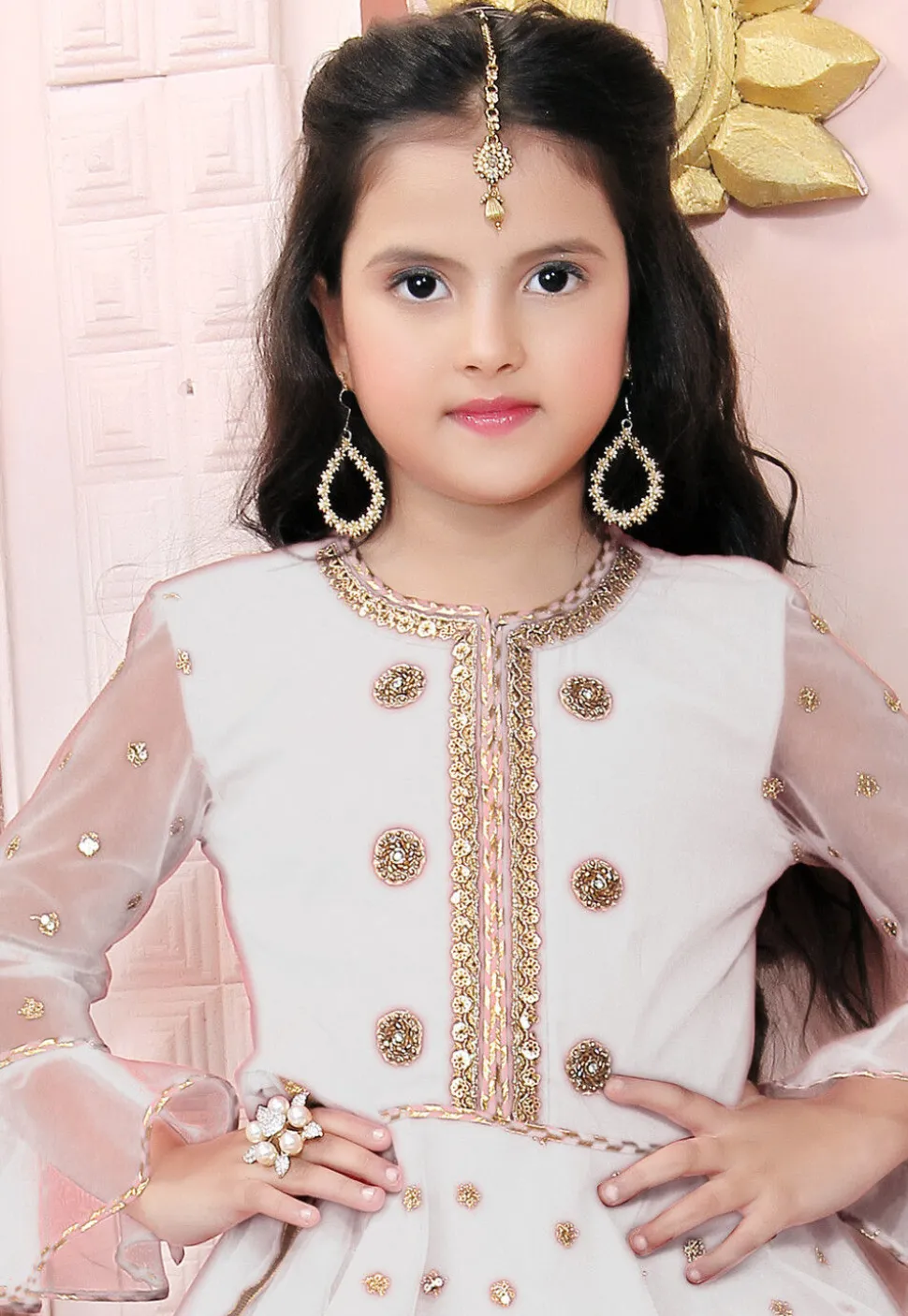 Embroidered Net Lehenga in Off White