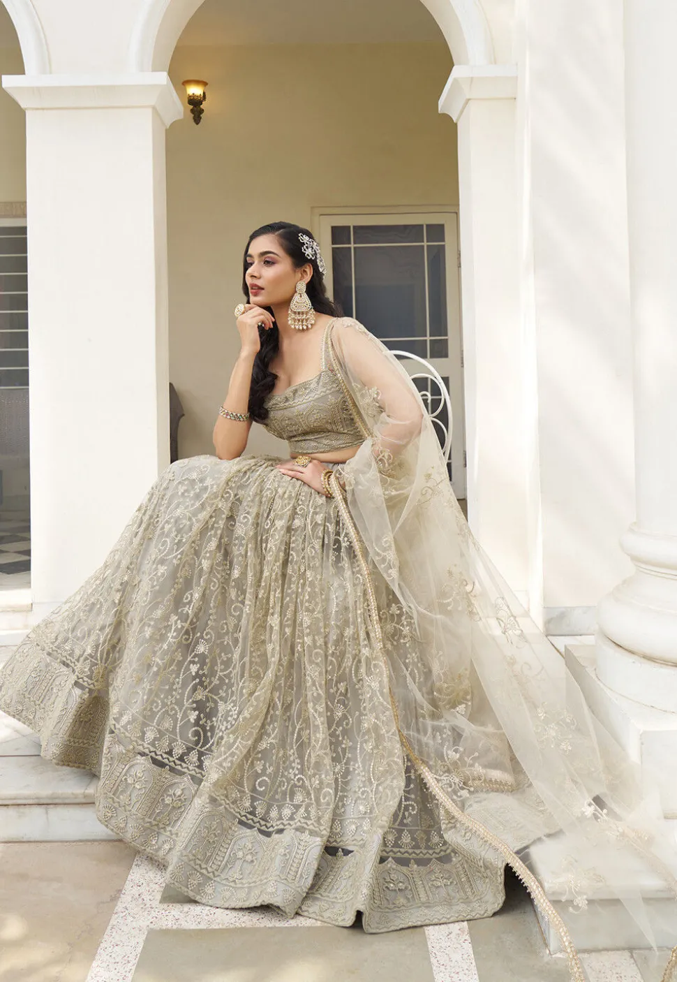 Embroidered Net Lehenga in Grey