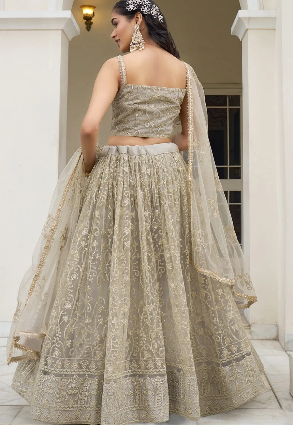 Embroidered Net Lehenga in Grey