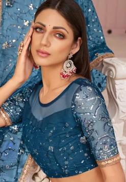 Embroidered Net Lehenga in Teal Blue
