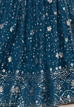 Embroidered Net Lehenga in Teal Blue