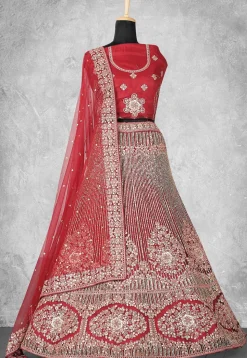 Embroidered Net Lehenga in Red
