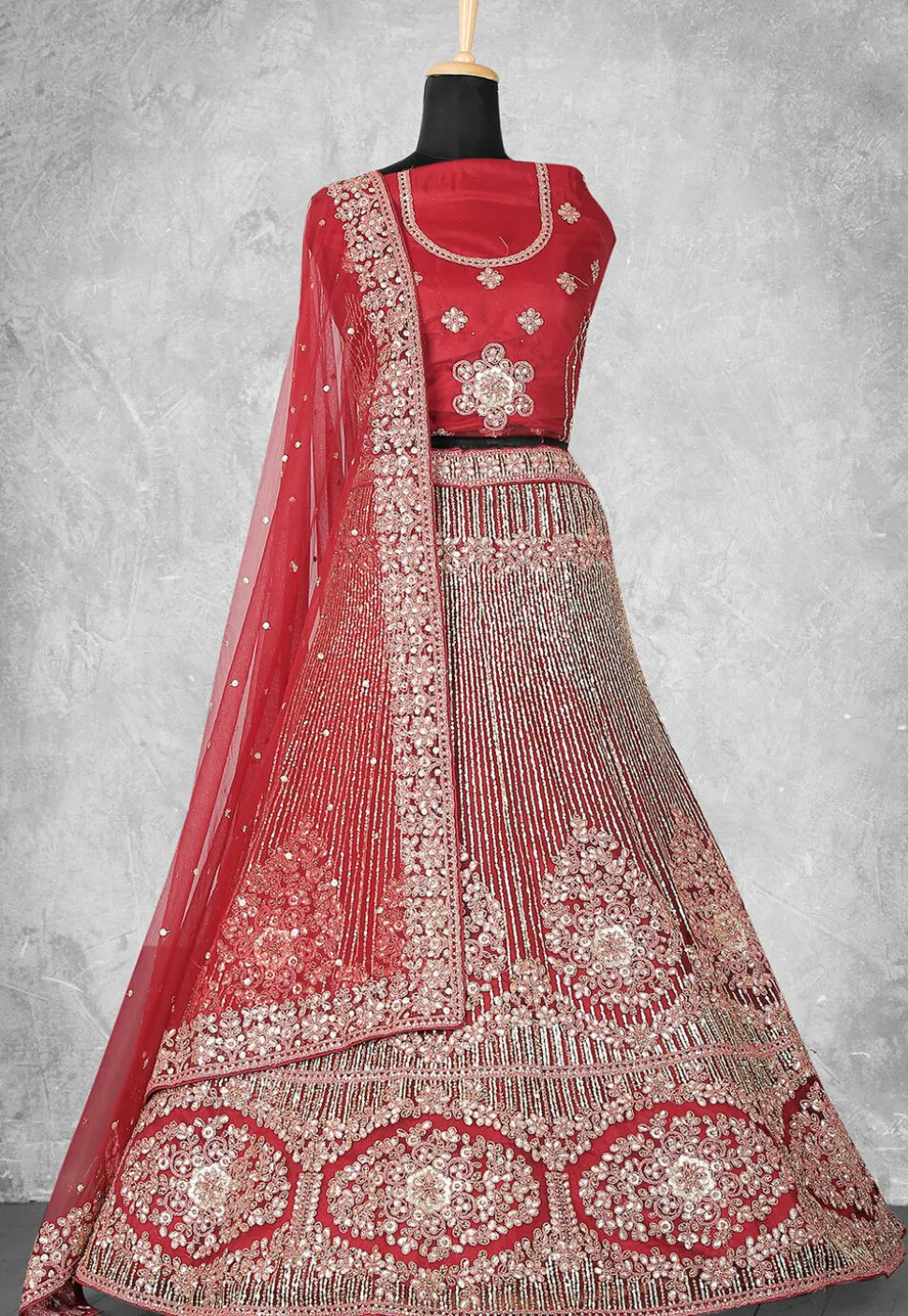 Embroidered Net Lehenga in Red