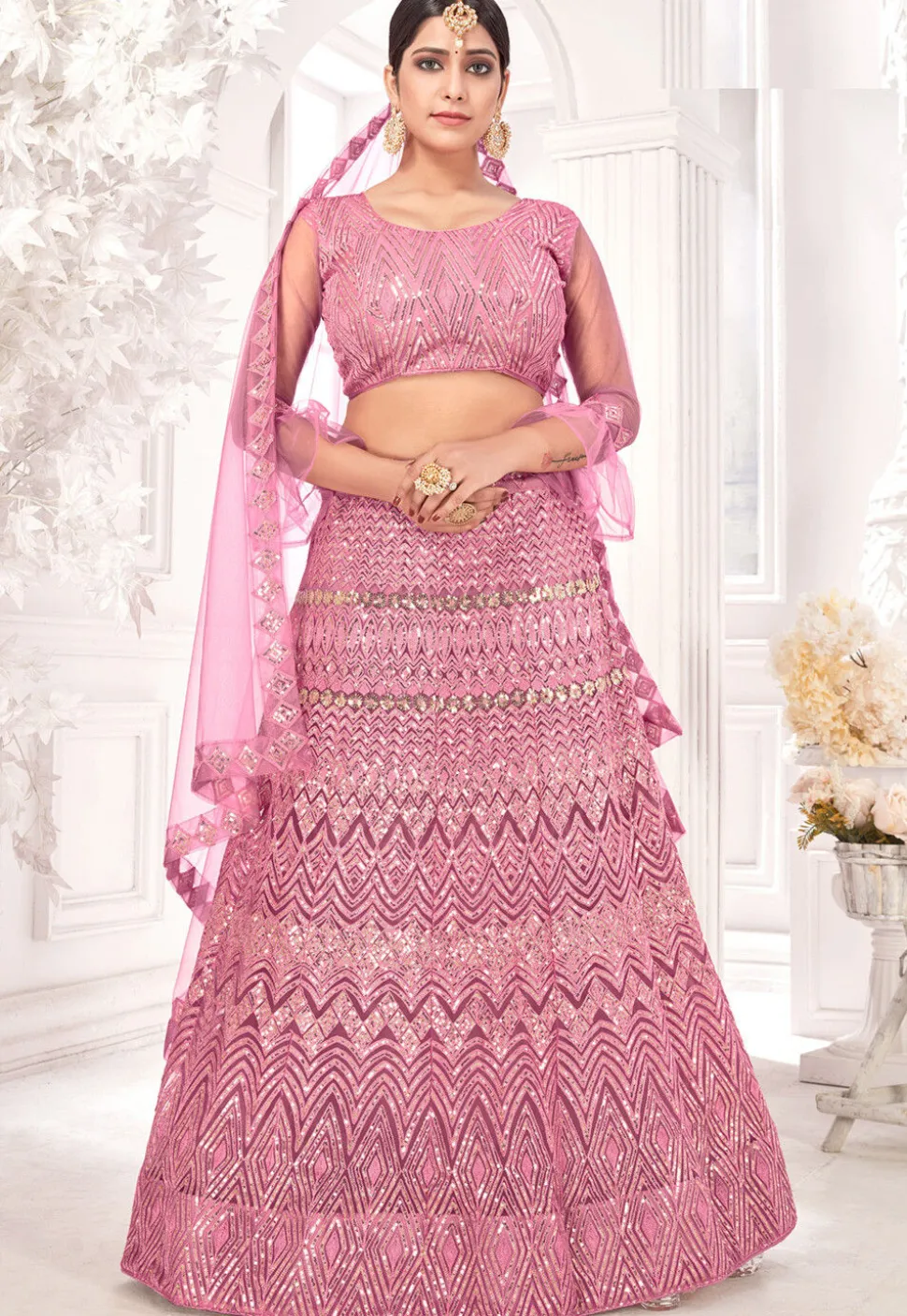 Embroidered Net Lehenga in Pink