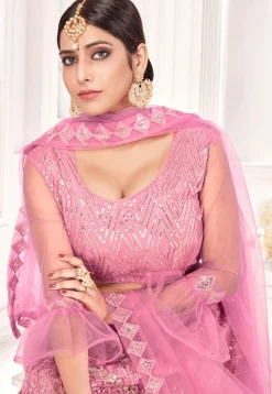 Embroidered Net Lehenga in Pink