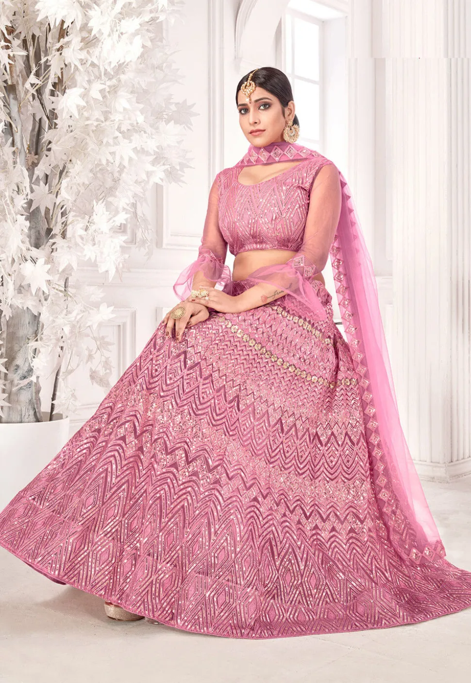 Embroidered Net Lehenga in Pink