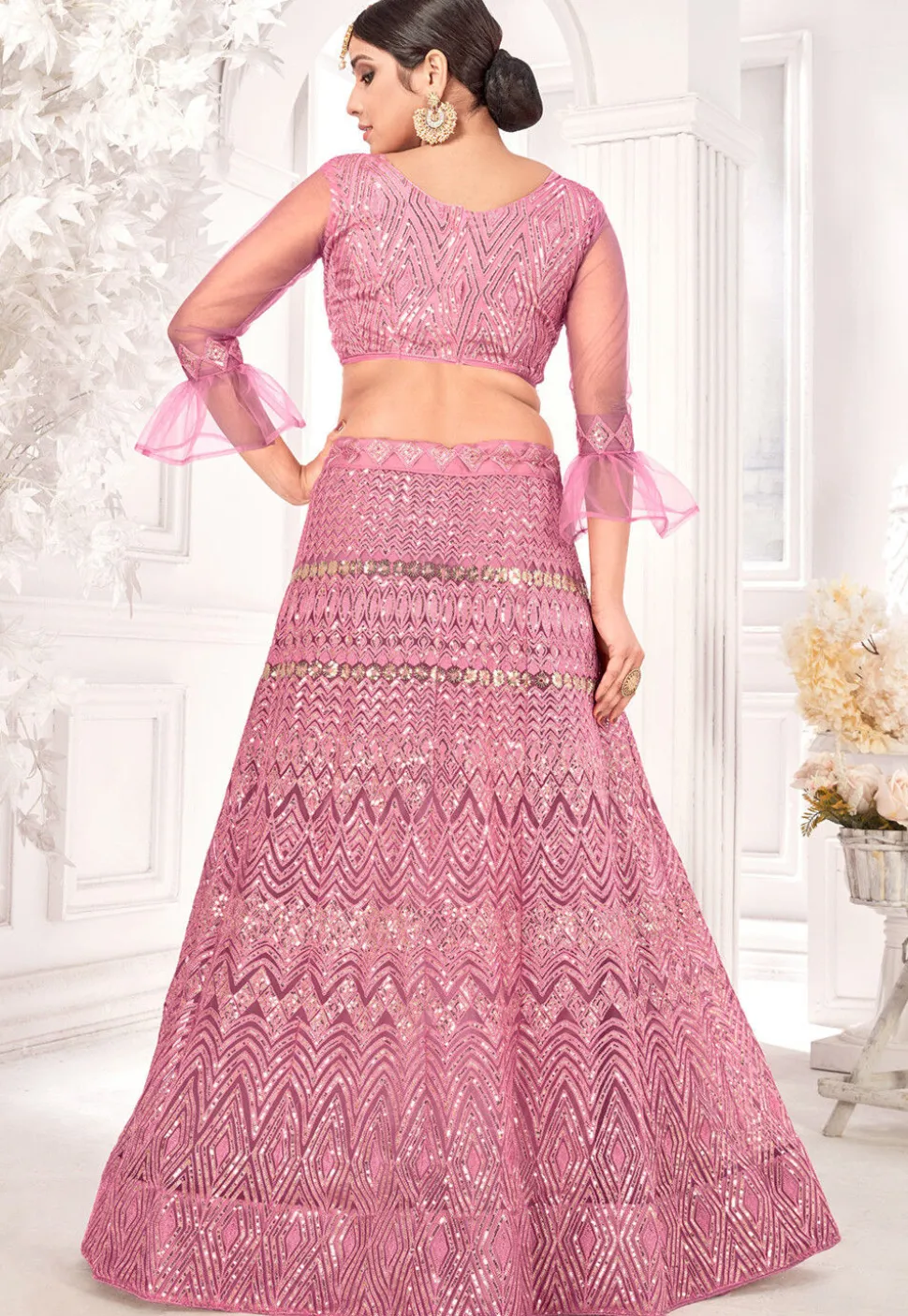 Embroidered Net Lehenga in Pink