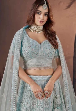 Embroidered Net Lehenga in Light Blue