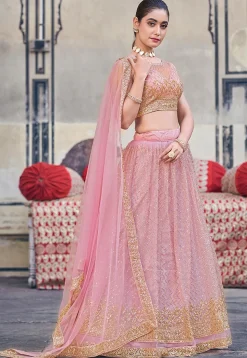 Embroidered Net Lehenga in Pink