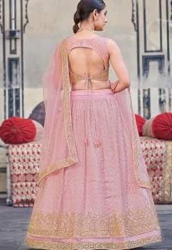 Embroidered Net Lehenga in Pink