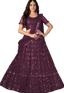 Embroidered Net Lehenga in Purple