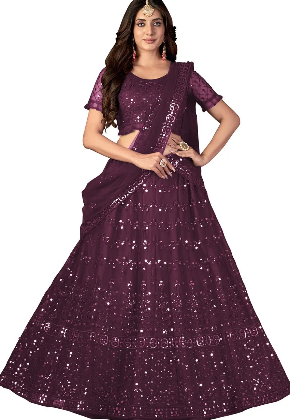Embroidered Net Lehenga in Purple