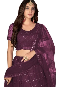 Embroidered Net Lehenga in Purple