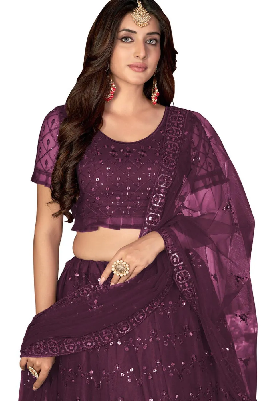 Embroidered Net Lehenga in Purple
