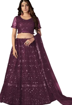Embroidered Net Lehenga in Purple