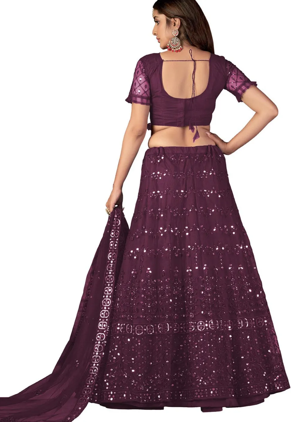 Embroidered Net Lehenga in Purple